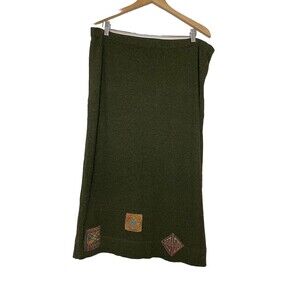 Blue Fish Women's Vintage Green Ribbed Celtic Patches Midi Skirt XL Cotton